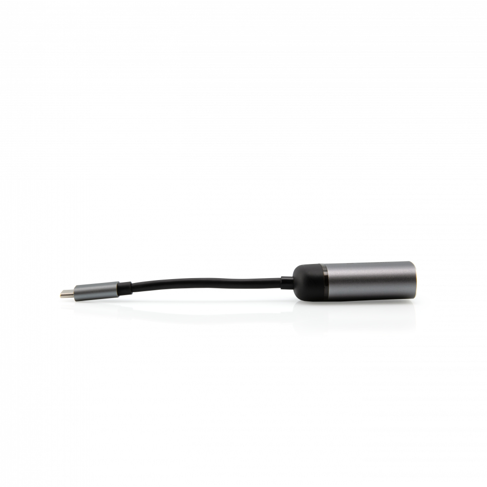 Ein grauer USB-C-zu-3,5-mm-Kopfhöreradapter mit schwarzem Kabel liegt auf weißer Fläche.