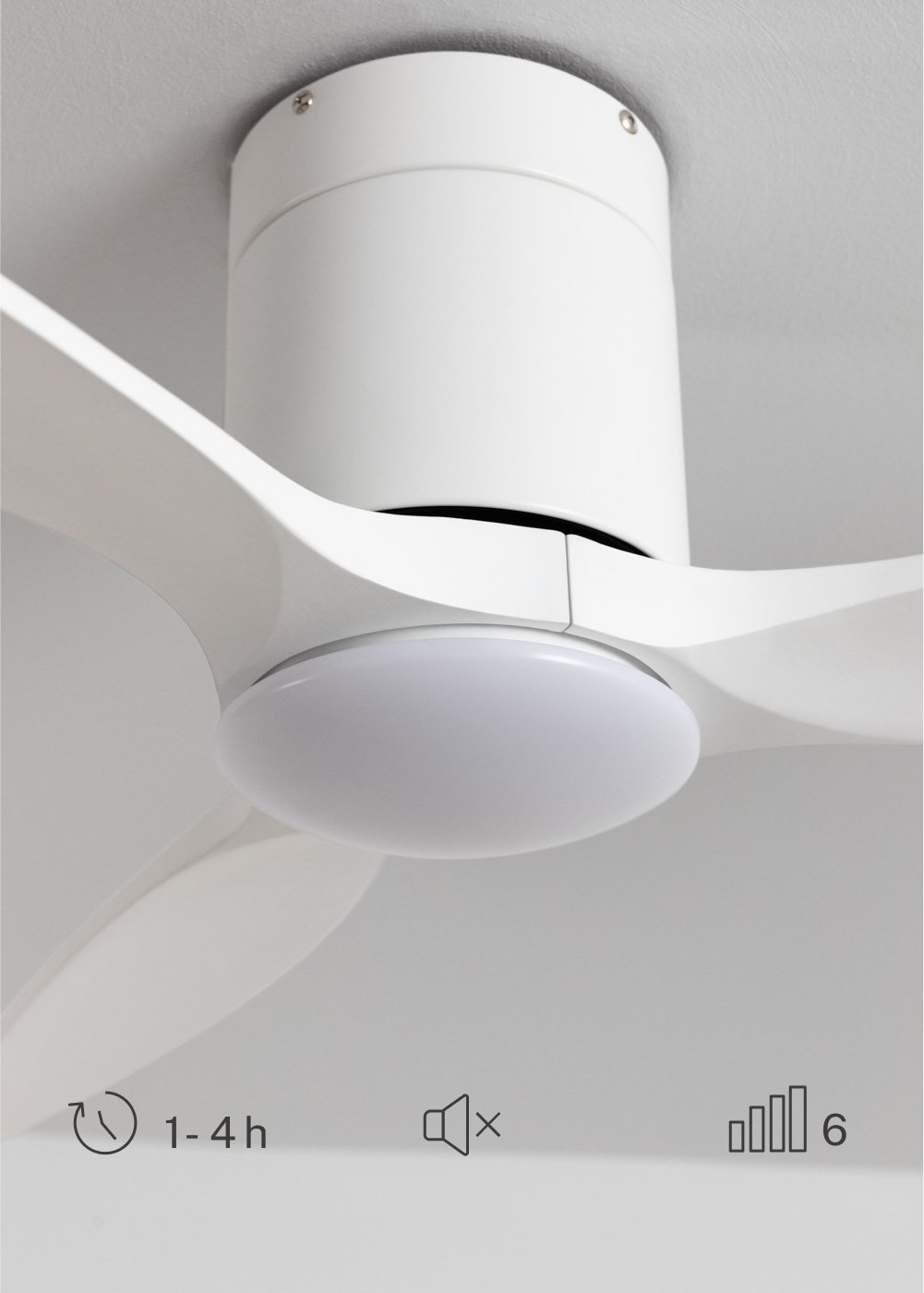 Luz de ventilador de techo blanca con tres aspas e iconos de temporizador/volumen.