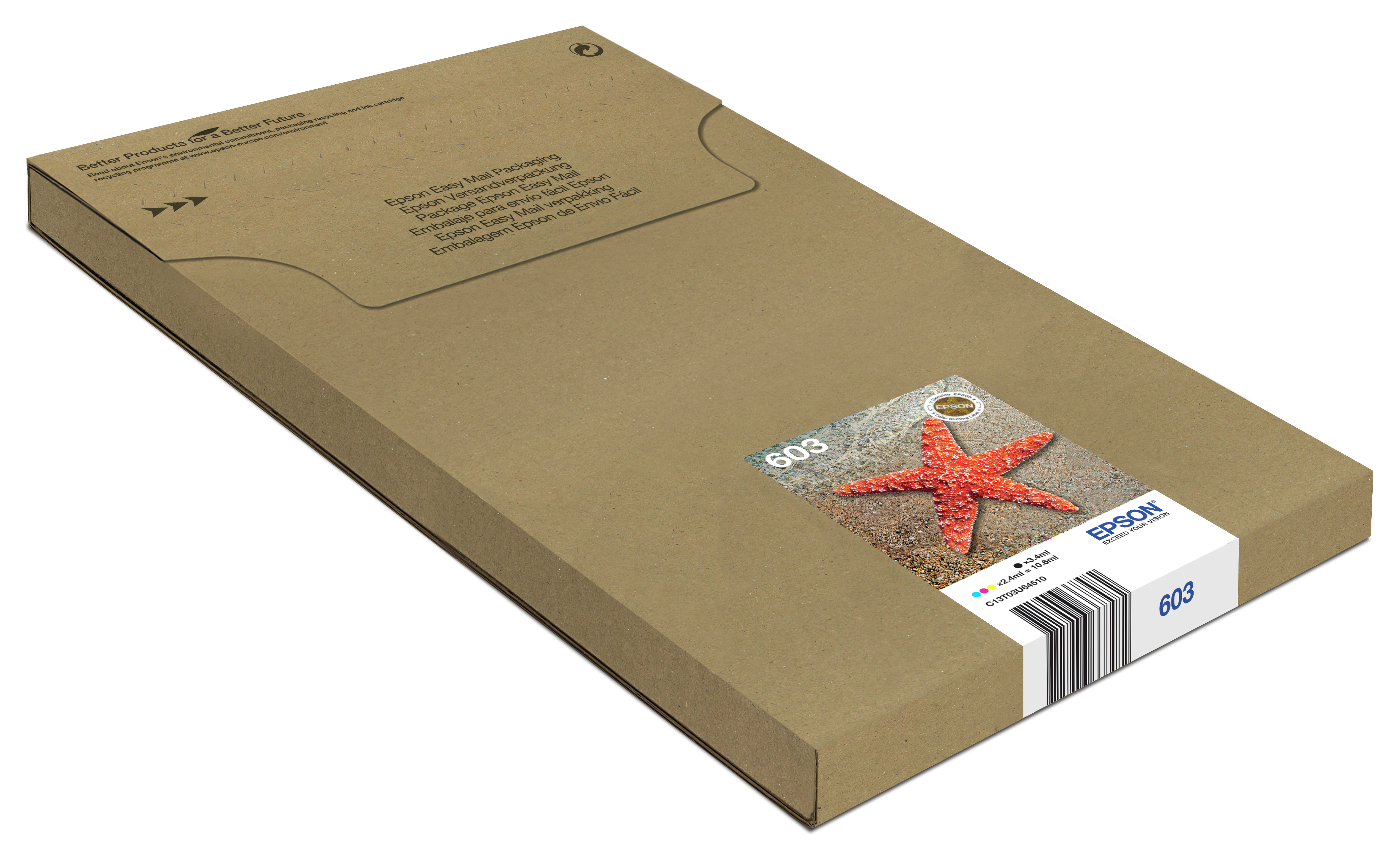 Braune Epson-Verpackung mit einem roten Seestern-Bild und Produktinformationen.