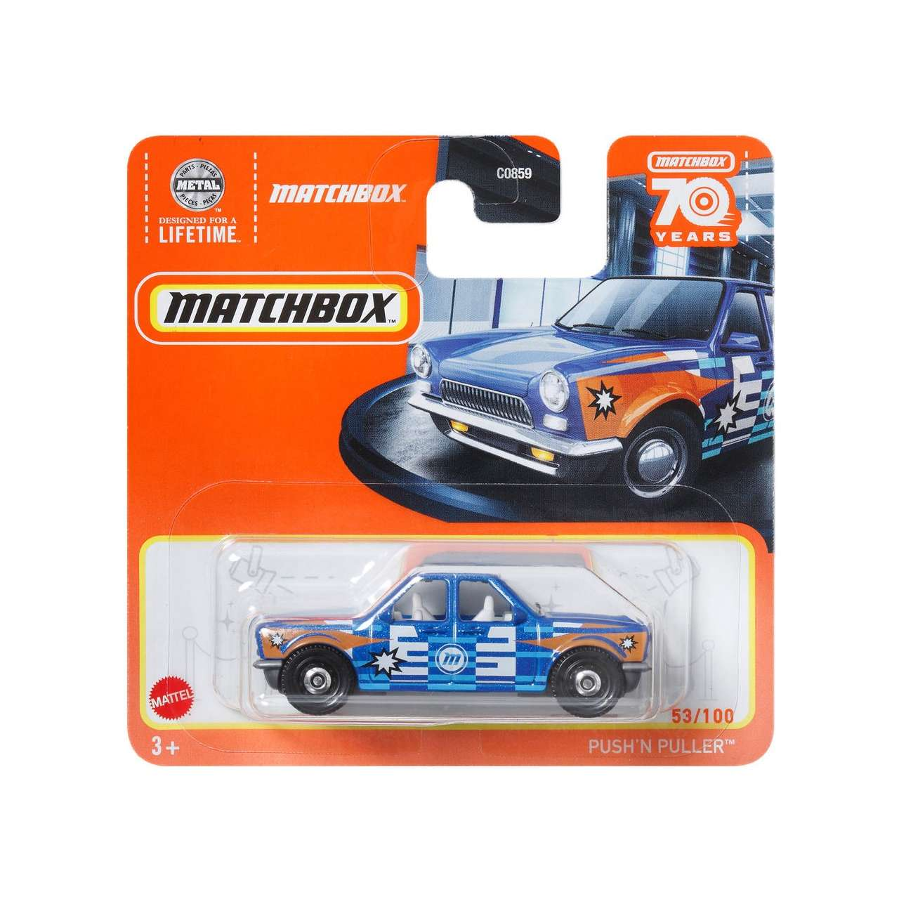 Mavi ve turuncu boyalı Matchbox oyuncak araba, blister ambalajında.
