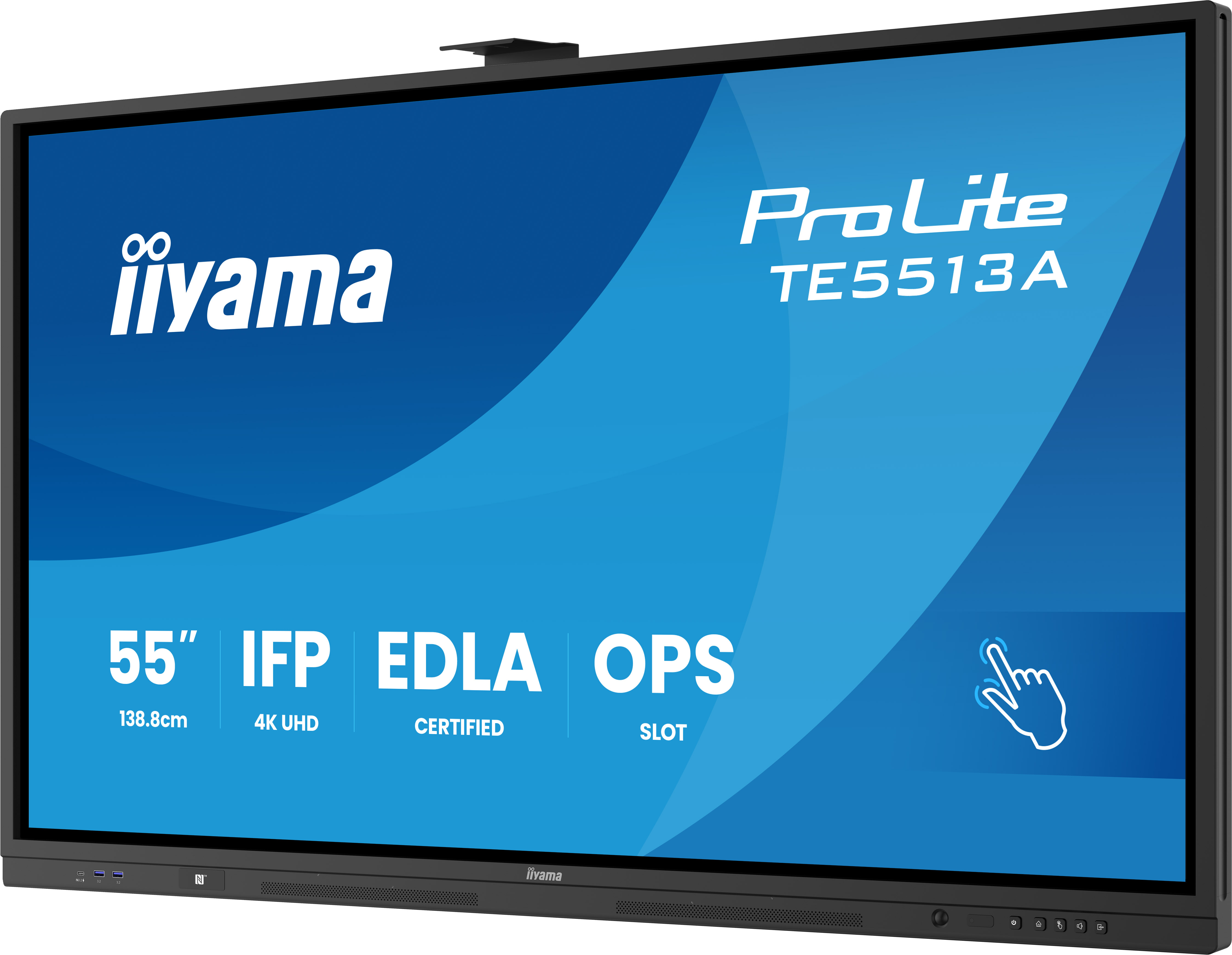55-calowy ekran Iiyama ProLite TE5513A IFP 4K UHD z ikoną dotyku.