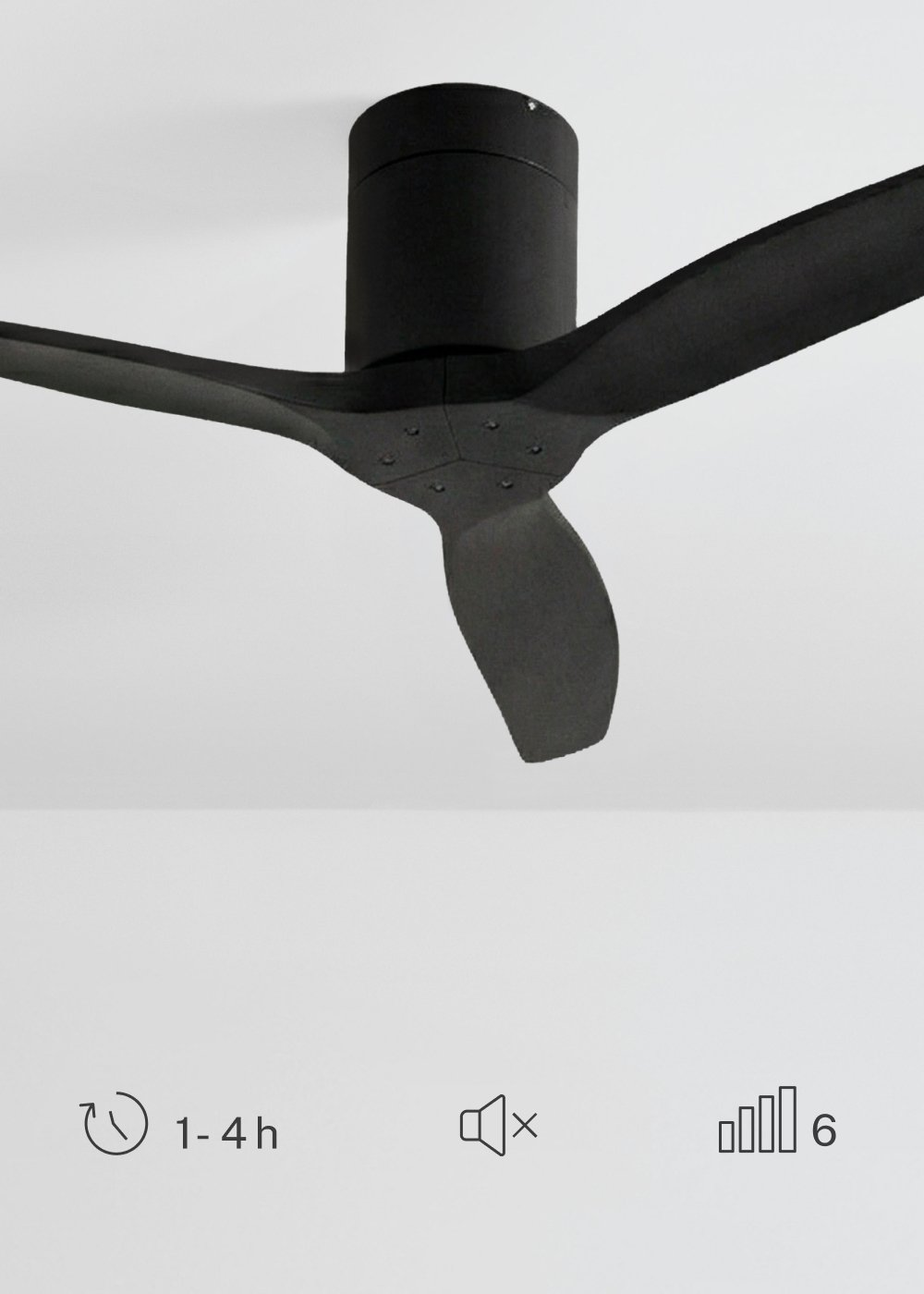 Ventilador de techo negro con tres aspas, temporizador de 1-4h, silencio y volumen 6.