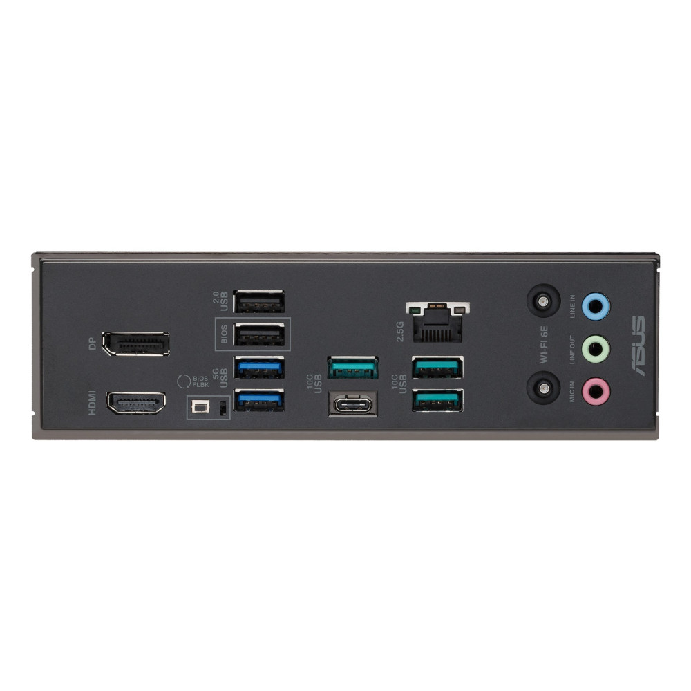 Tylny panel płyty głównej z HDMI, DP, portami USB, Ethernet, Wi-Fi i gniazdami audio.