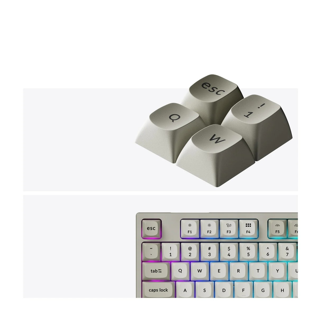 Nakładki klawiszy z Q, W, Esc i 1, oraz klawiatura z kolorowymi klawiszami.