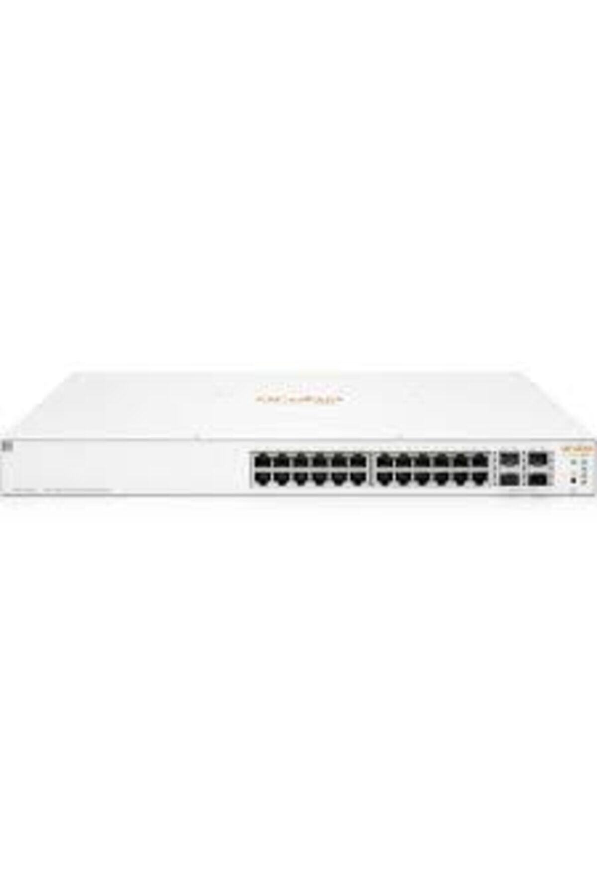 Birçok Ethernet bağlantı noktasına ve Aruba logosuna sahip beyaz bir ağ anahtarı.