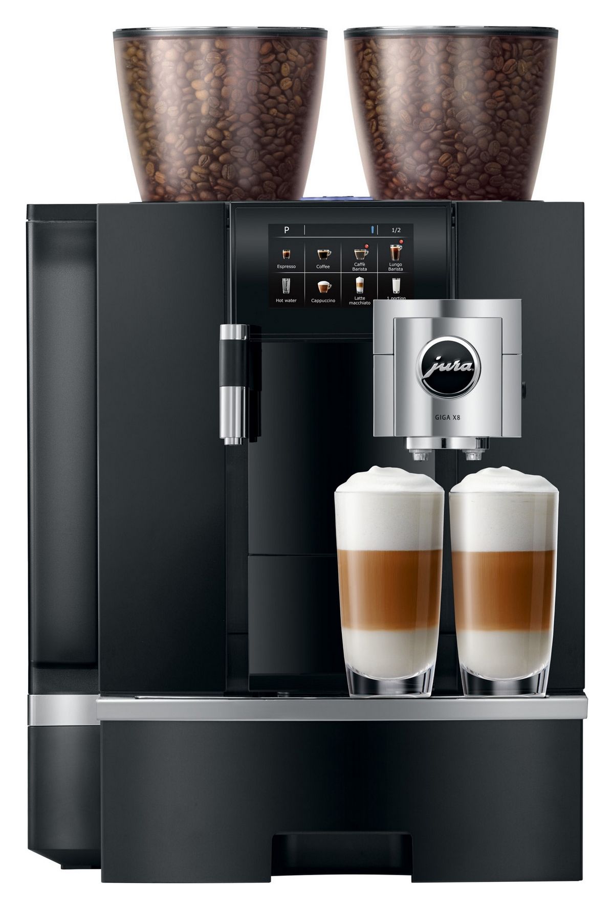 Macchina da caffè nera con due tramogge per chicchi e due latte macchiato pronti.