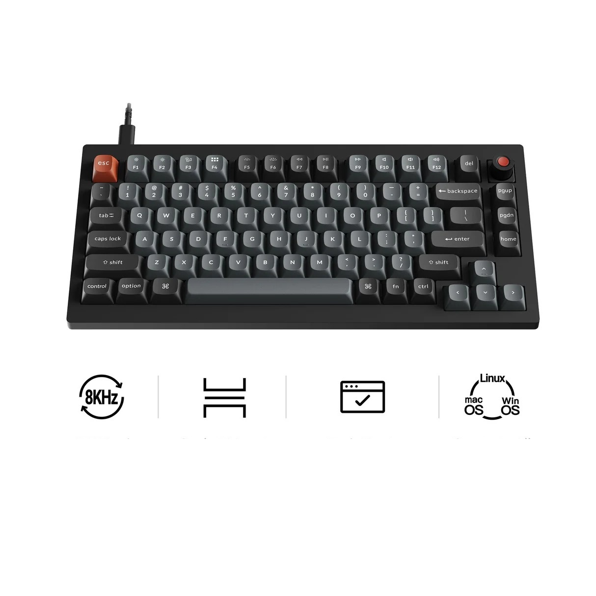 Czarna klawiatura z szarymi klawiszami i pomarańczowym klawiszem ESC.