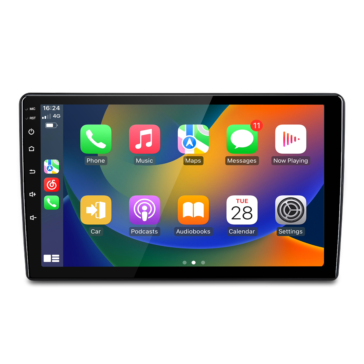 Ein Auto-Infotainmentsystem-Display mit App-Symbolen wie Telefon, Musik und Karten.
