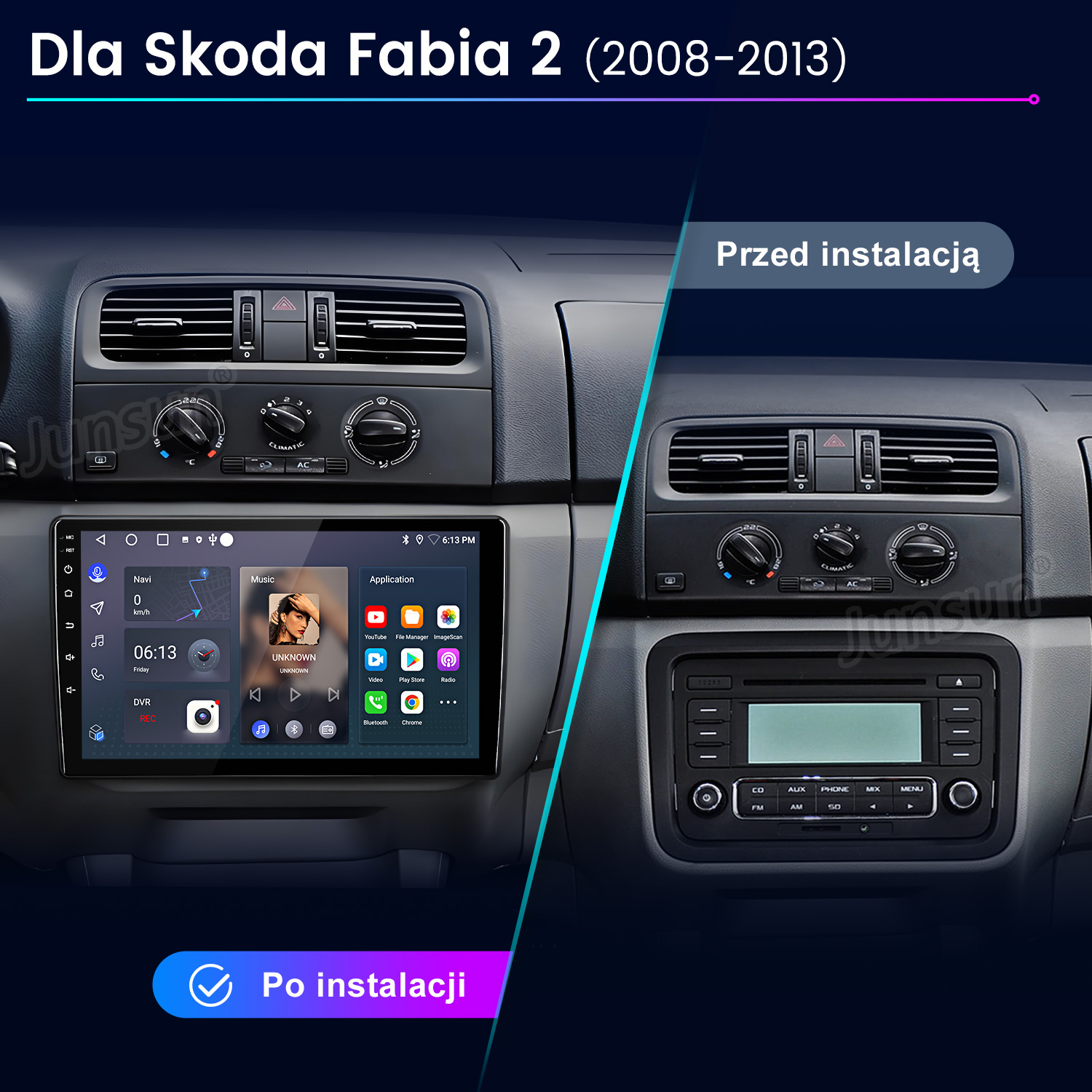 Porównanie deski rozdzielczej Skoda Fabia 2: Przed radiem, po z ekranem dotykowym.