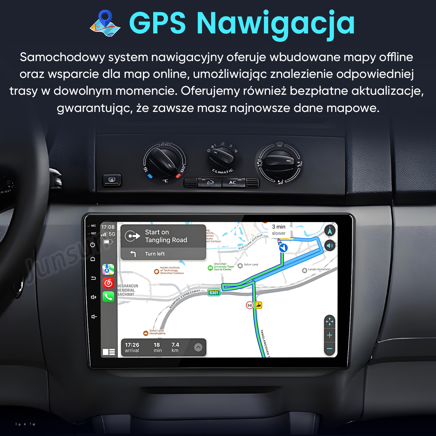 Deska rozdzielcza samochodu z ekranem nawigacji GPS, mapą i trasą.