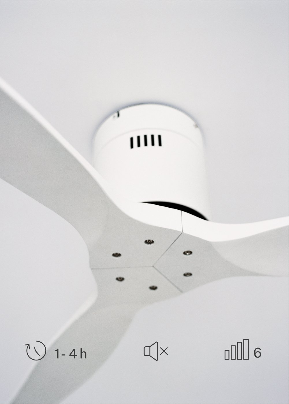Un ventilador de techo blanco de tres aspas. Temporizador 1-4h, silencio, nivel 6.