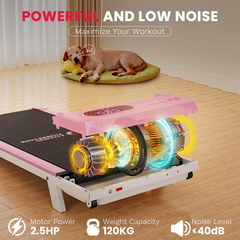 Un cane dorme su un letto accanto a un tapis roulant rosa con motore esposto.