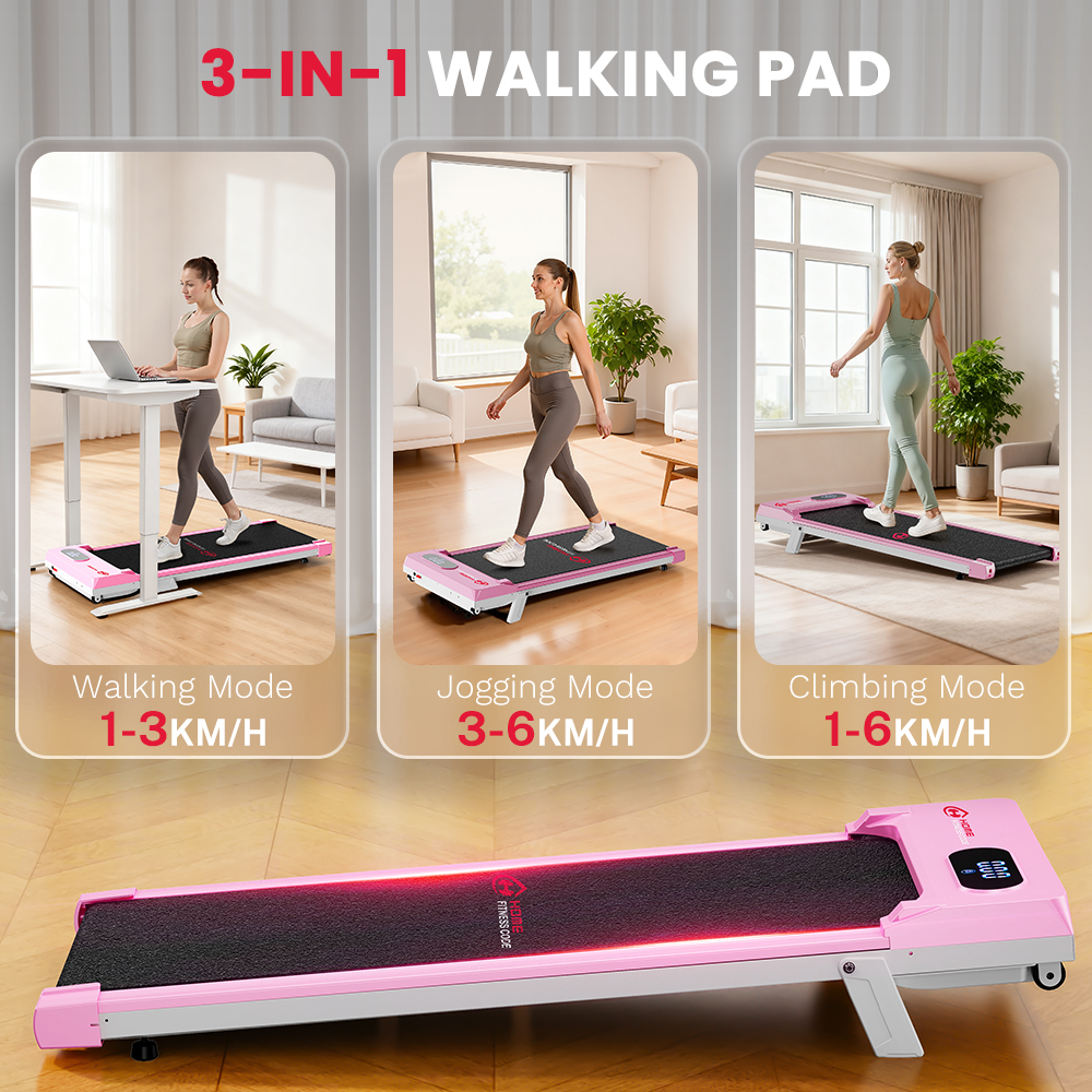 Un tapis roulant rosa 3 in 1 mostra le modalità camminata, jogging e arrampicata.