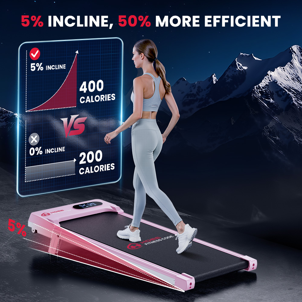 Donna corre su tapis roulant. Grafico mostra 400 calorie con 5% inclinazione vs 200 con 0%.