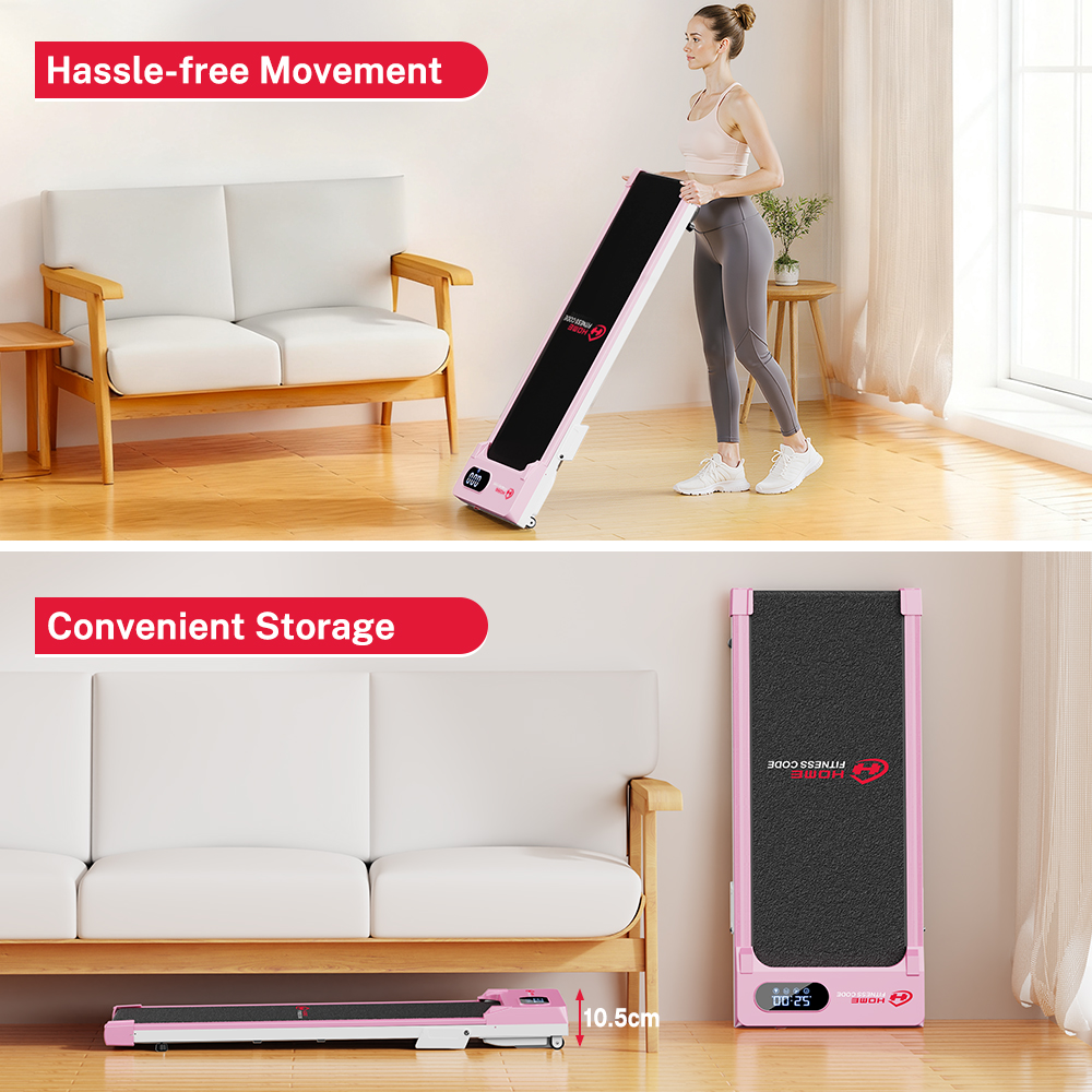 Un tapis roulant rosa viene mostrato in posizione verticale e piatta, accanto a un divano.