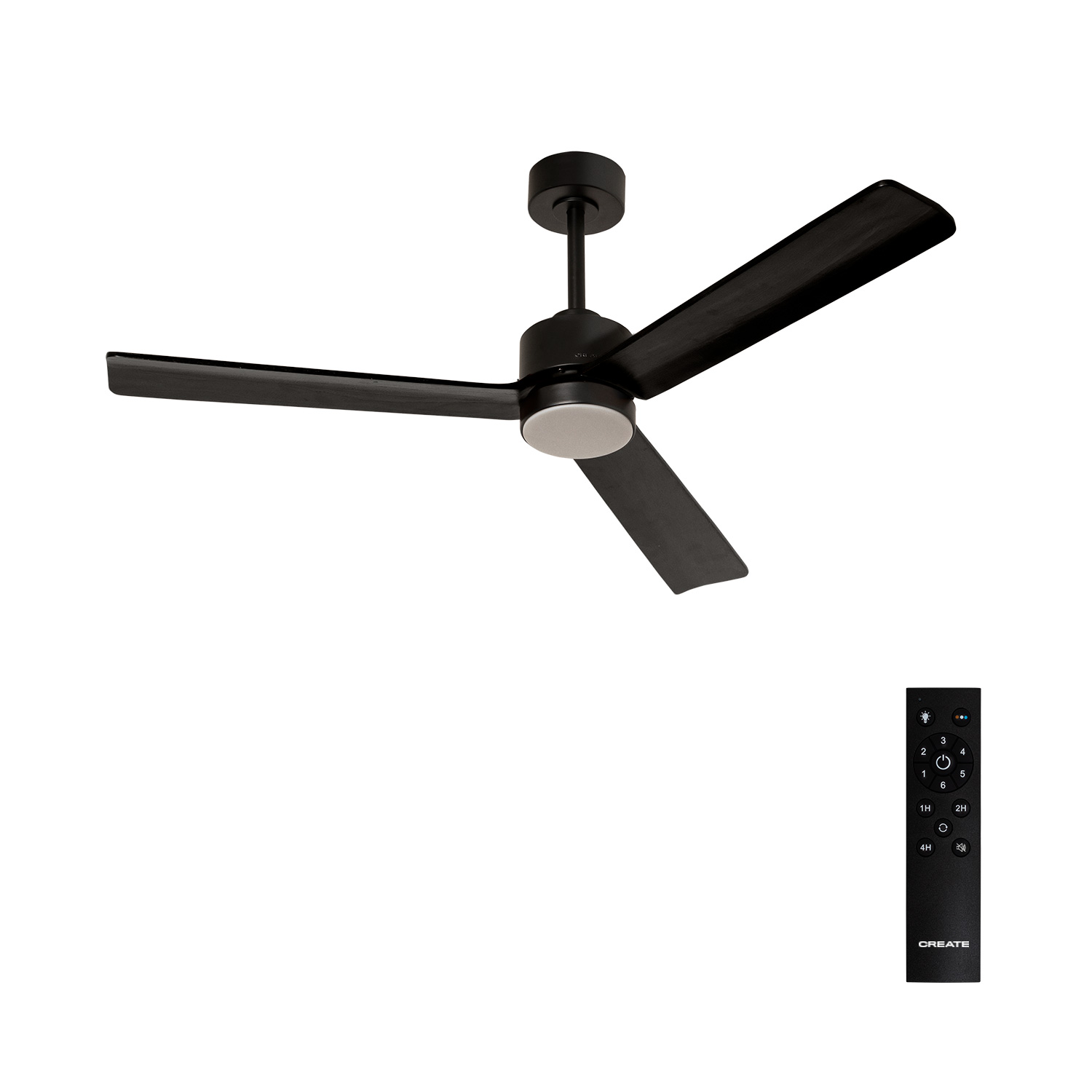 Ventilador de techo negro de tres aspas con mando a distancia sobre fondo blanco.