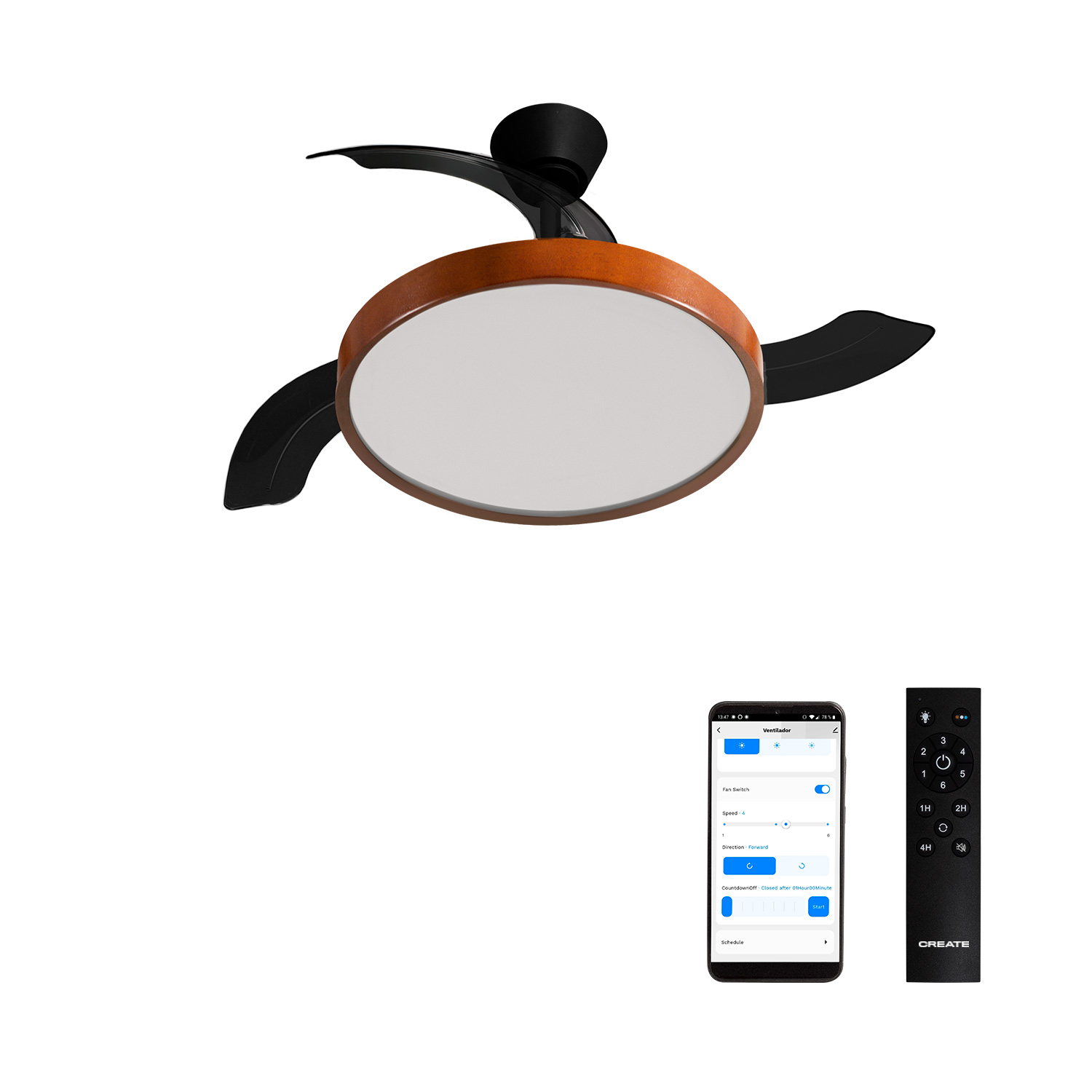 Ventilador de techo negro con borde de madera, control remoto y app.