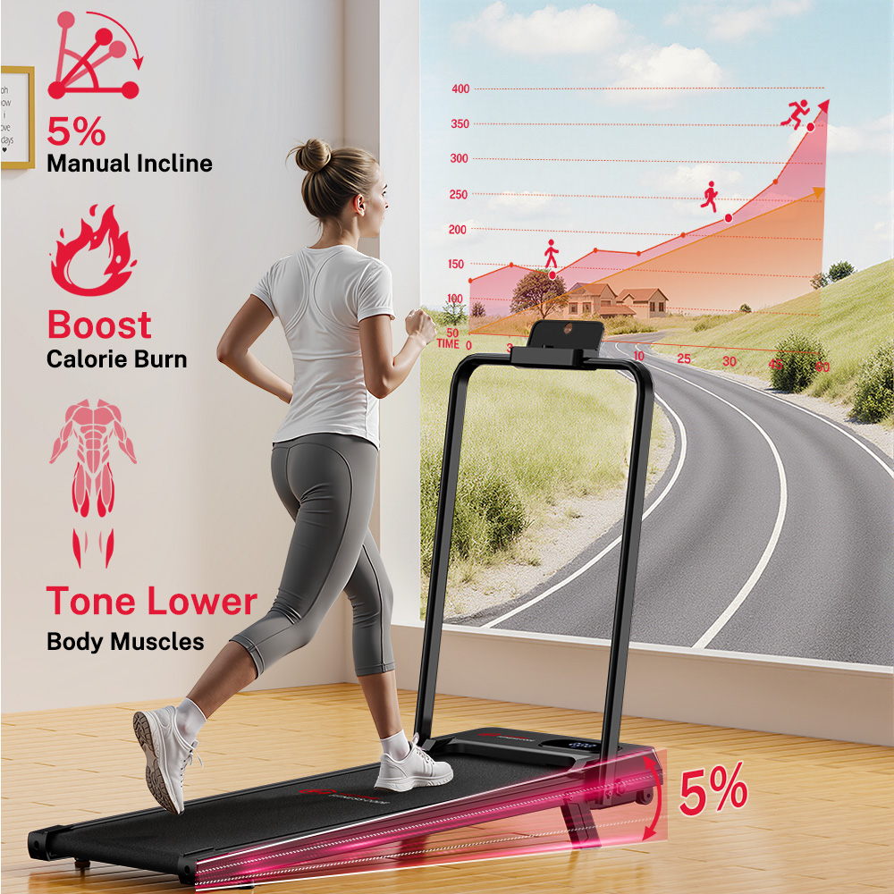 Una donna corre su un tapis roulant, con grafici che mostrano pendenza, calorie bruciate e tono muscolare.