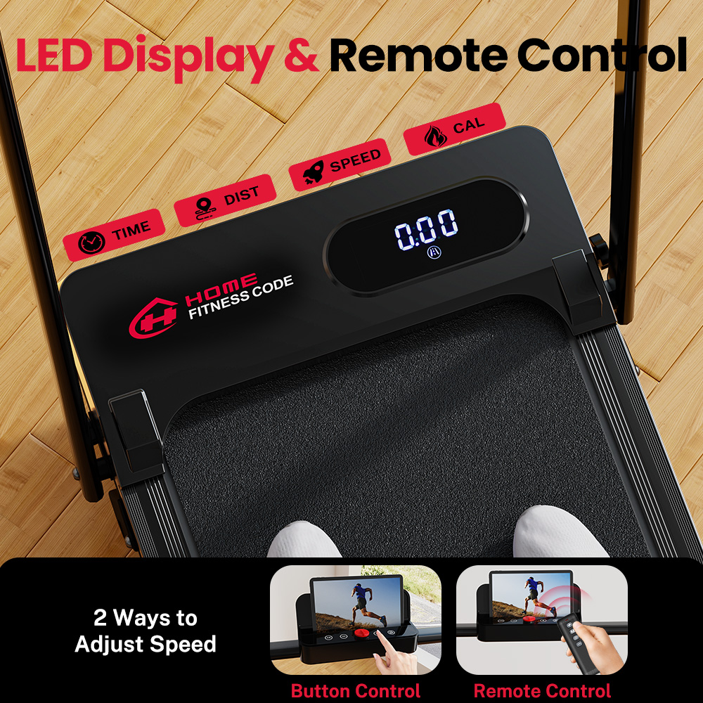 Tapis roulant con display LED che mostra 0,00. Pulsanti per Tempo, Distanza, Velocità, Cal.