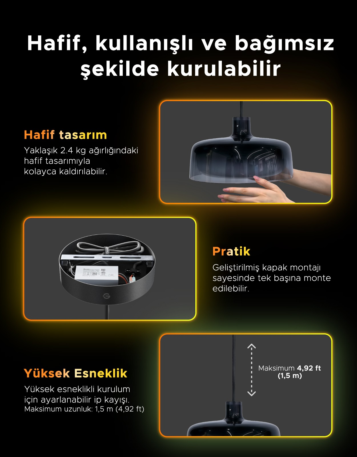 Bir el koyu renkli avize tutuyor. Altında bileşenler ve yükseklik ölçüsü var.