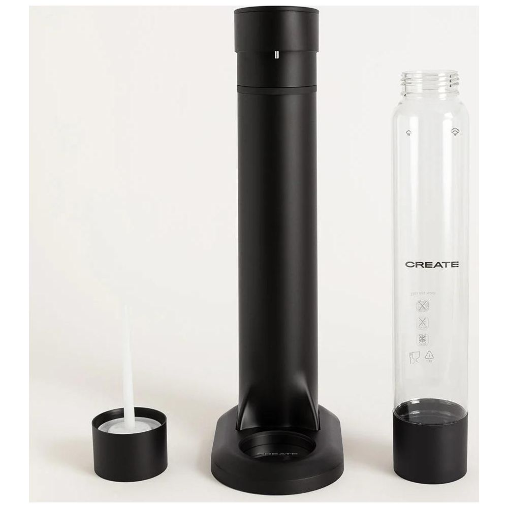 Un sifón de soda negro con botella transparente y tubo blanco.