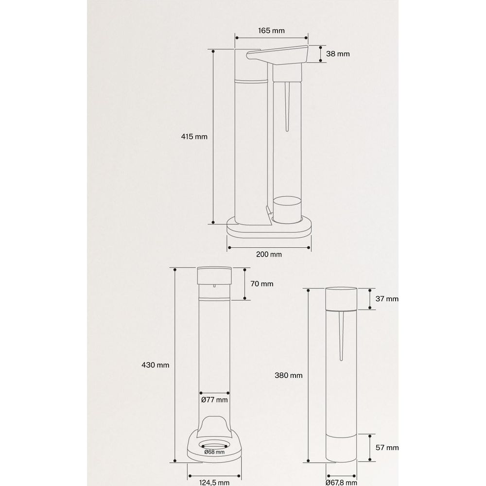 Dibujo técnico de un carbonatador de agua con dimensiones en mm.