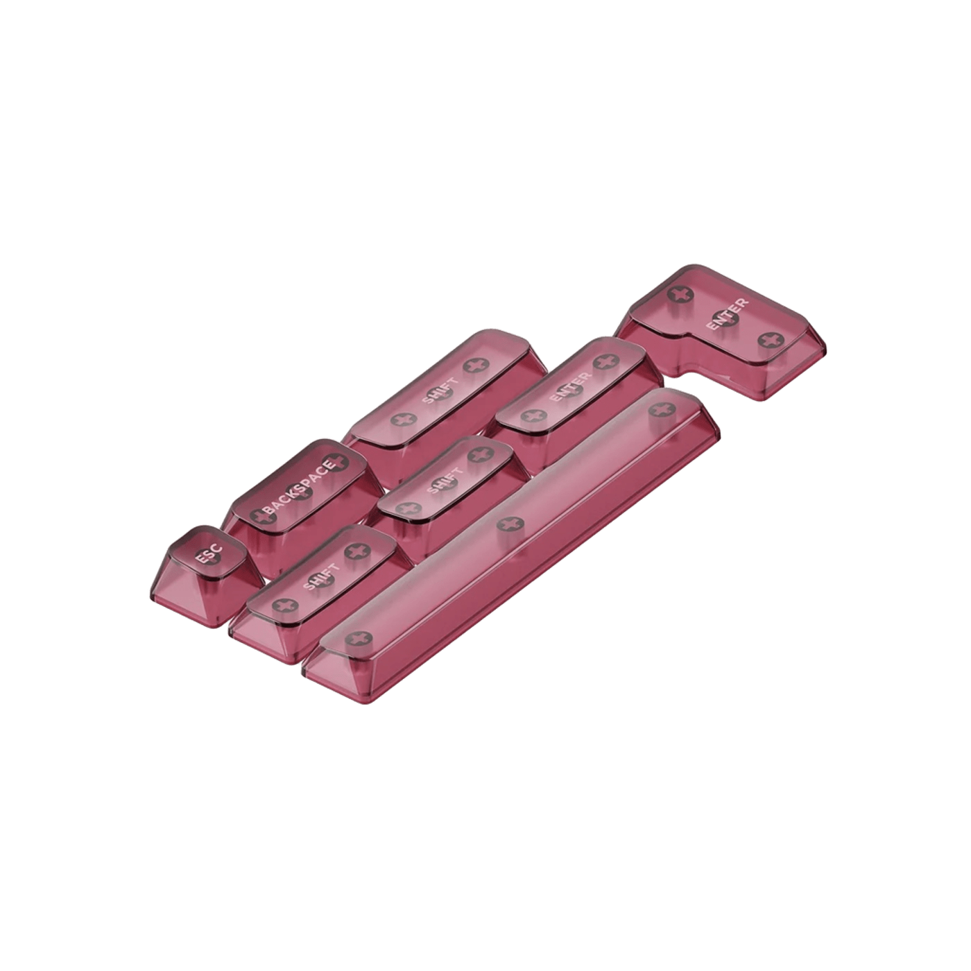 Tasti traslucidi rossi con etichette ESC, BACKSPACE, SHIFT, ENTER. Isolati.