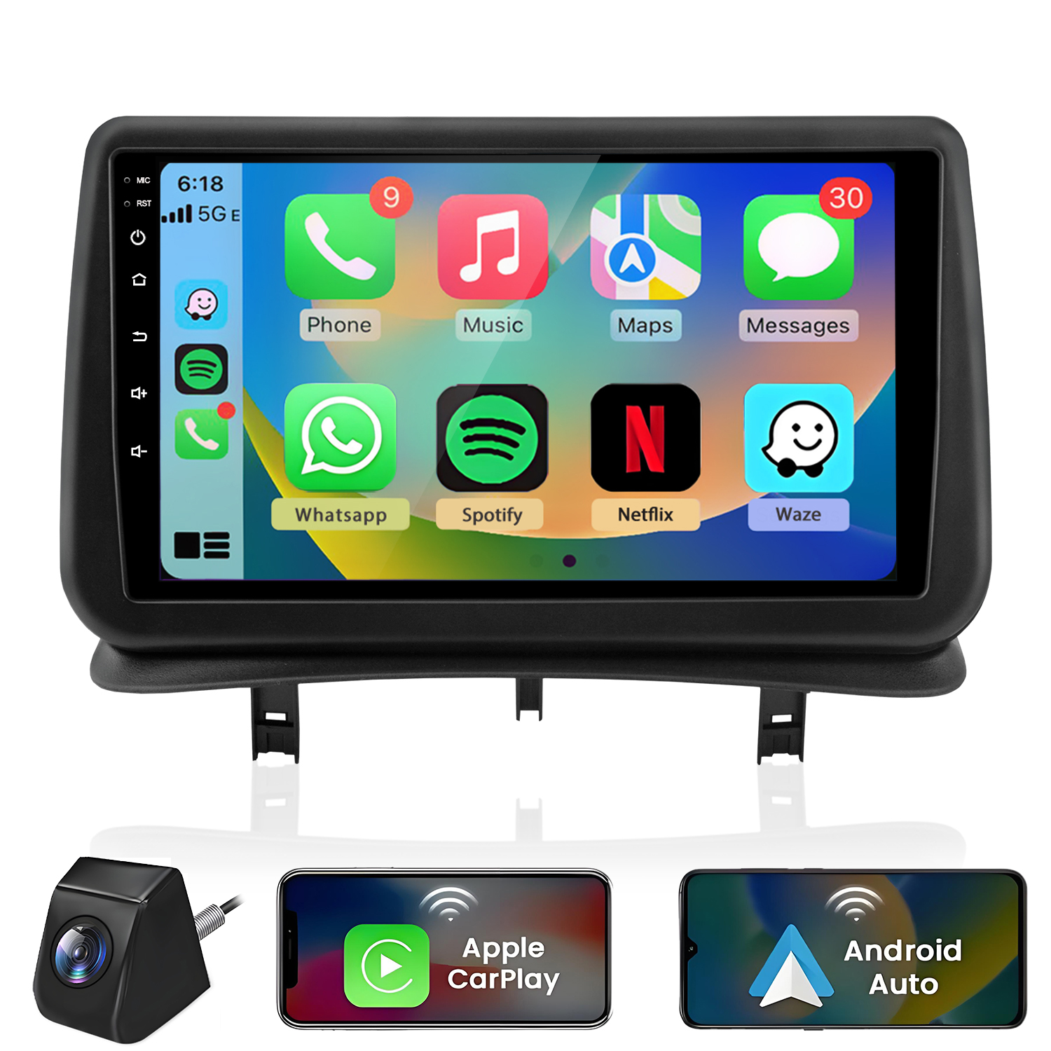 Ein Infotainment-System mit App-Icons, daneben eine Rückfahrkamera und Smartphones mit Apple CarPlay und Android Auto.