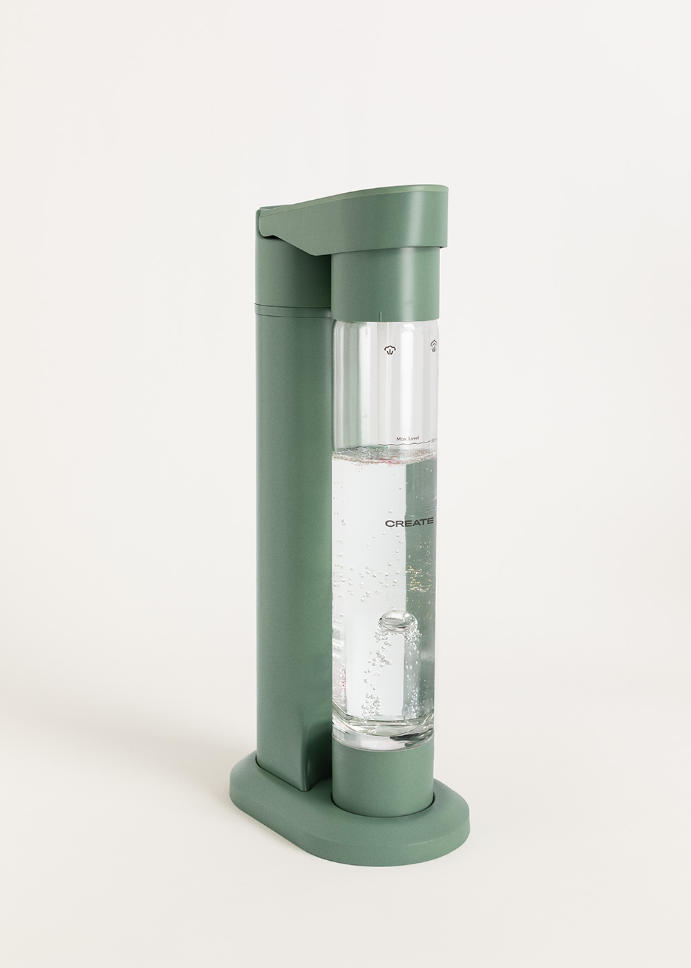 Máquina de soda verde con botella transparente y agua.