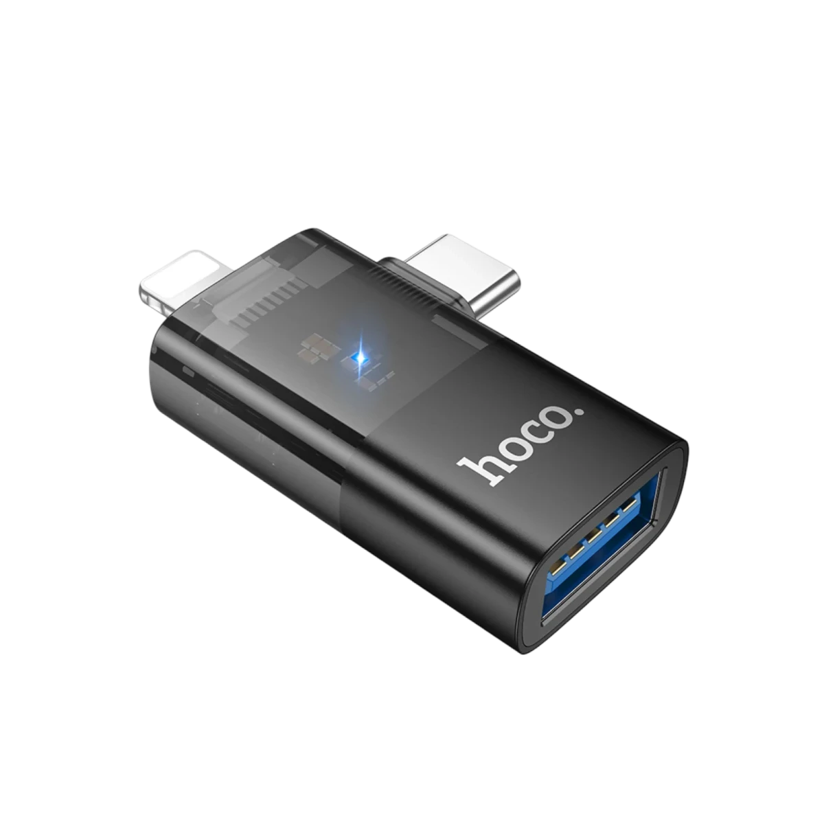 Mavi USB-A bağlantı noktasına sahip siyah çok portlu USB adaptörü.