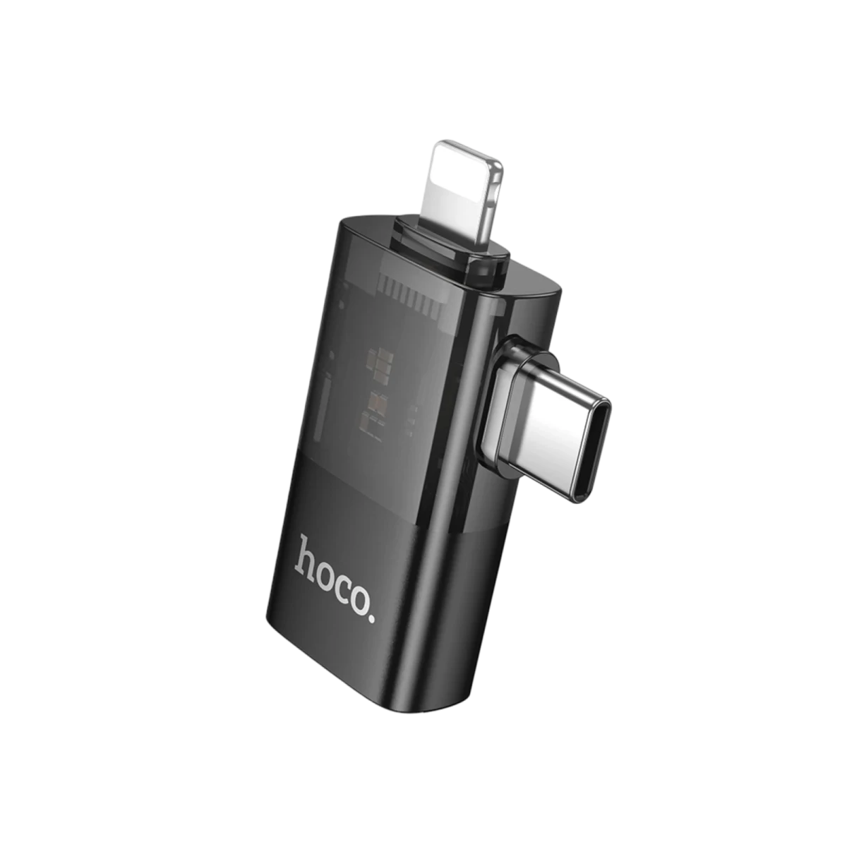 Lightning ve USB-C konektörlü koyu renkli adaptör.