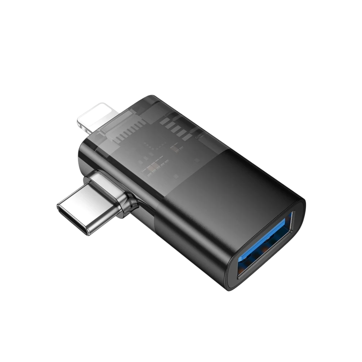 Siyah arka plan üzerinde şeffaf siyah adaptör, USB-C, Lightning ve USB-A bağlantı noktalarına sahip.