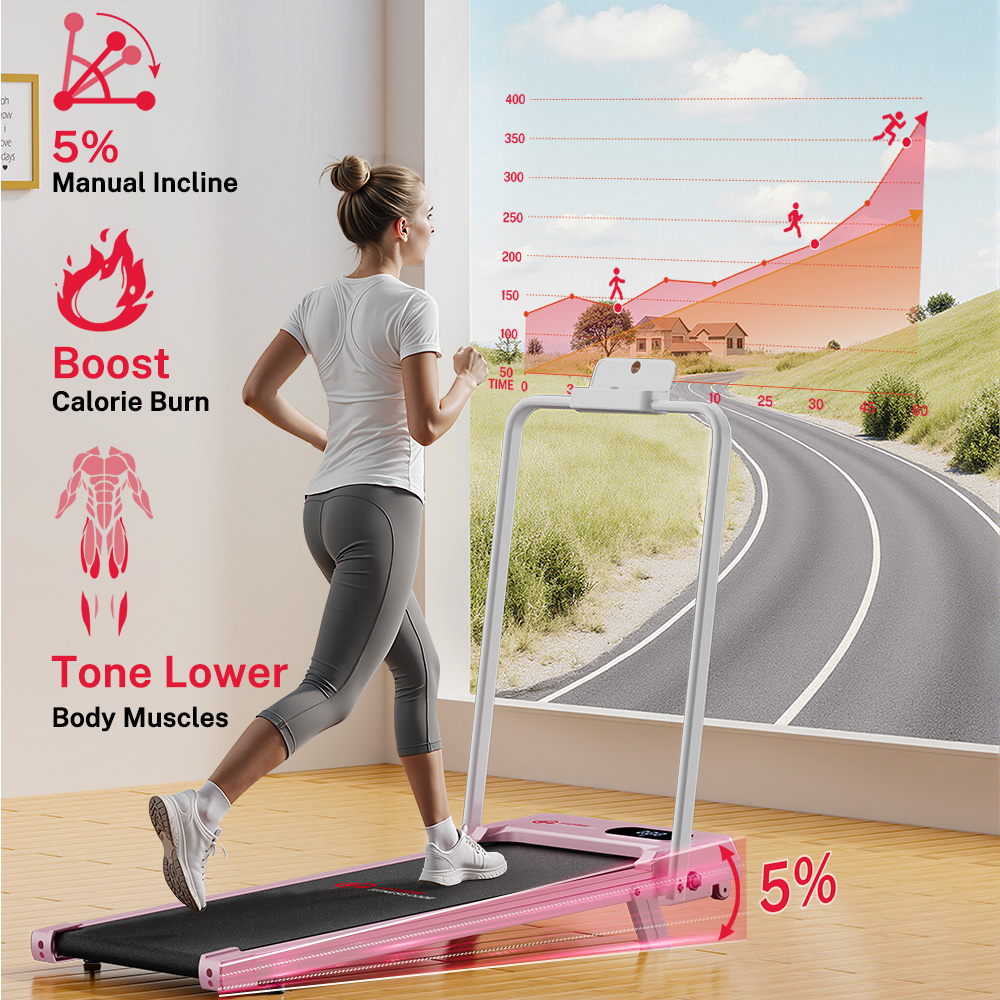 Donna corre su tapis roulant con inclinazione e grafico calorie.