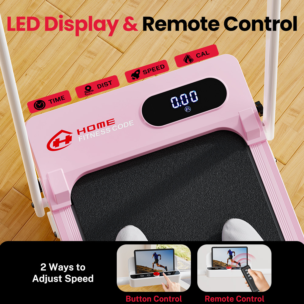 Un tapis roulant rosa con display a LED che mostra tempo, distanza, velocità e calorie.