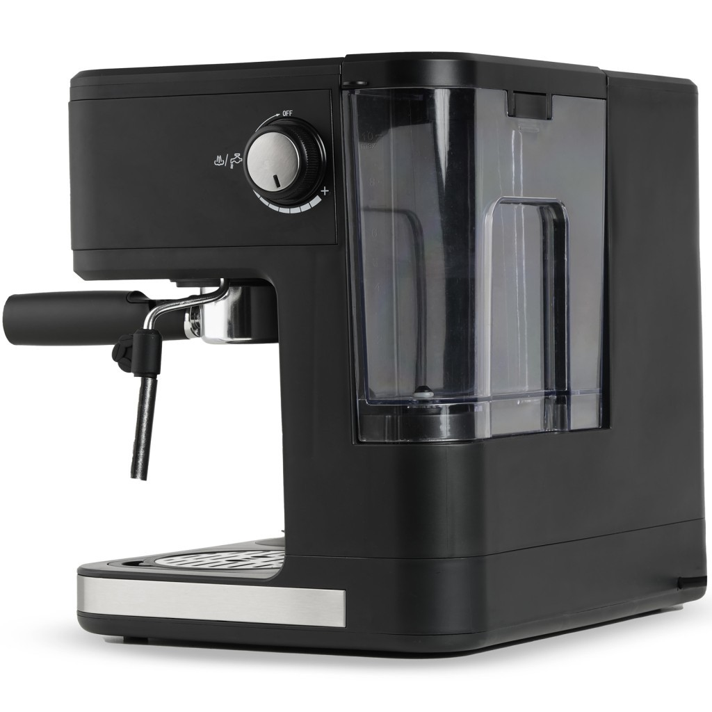 Gümüş kadranlı ve şeffaf su haznesine sahip siyah espresso makinesi.