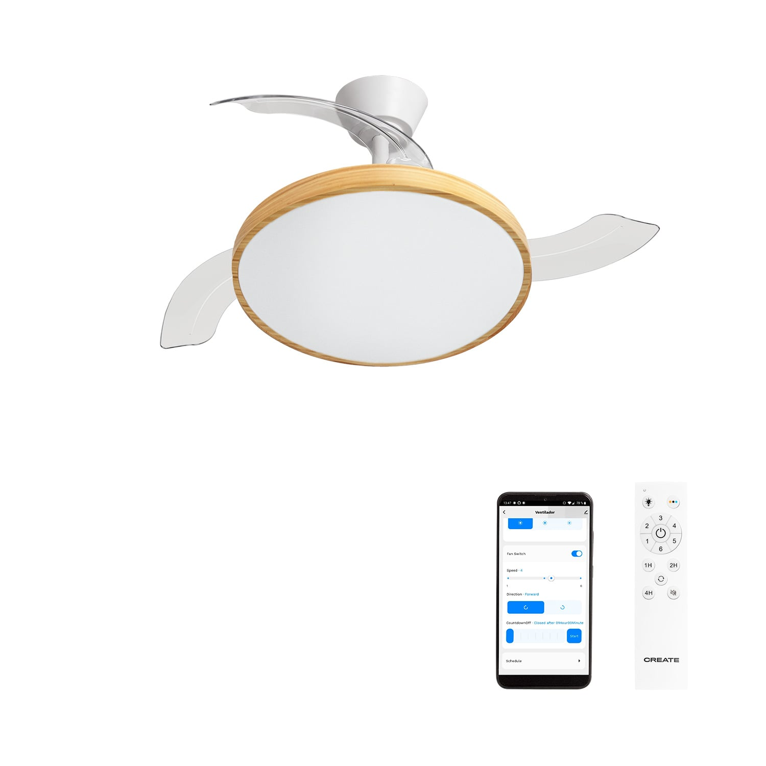Ventilador de techo moderno con luz, borde de madera y app de control remoto.