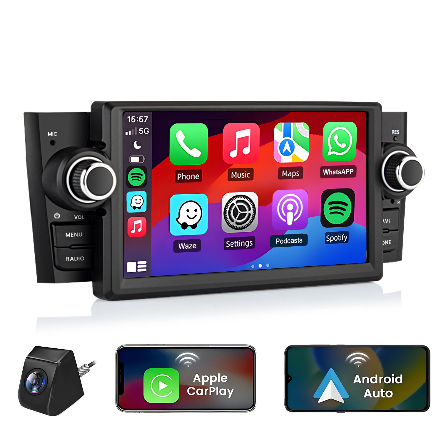 Ein Autoradio-Display mit Apps wie Telefon, Musik und Karten. Daneben eine Rückfahrkamera und Smartphones.