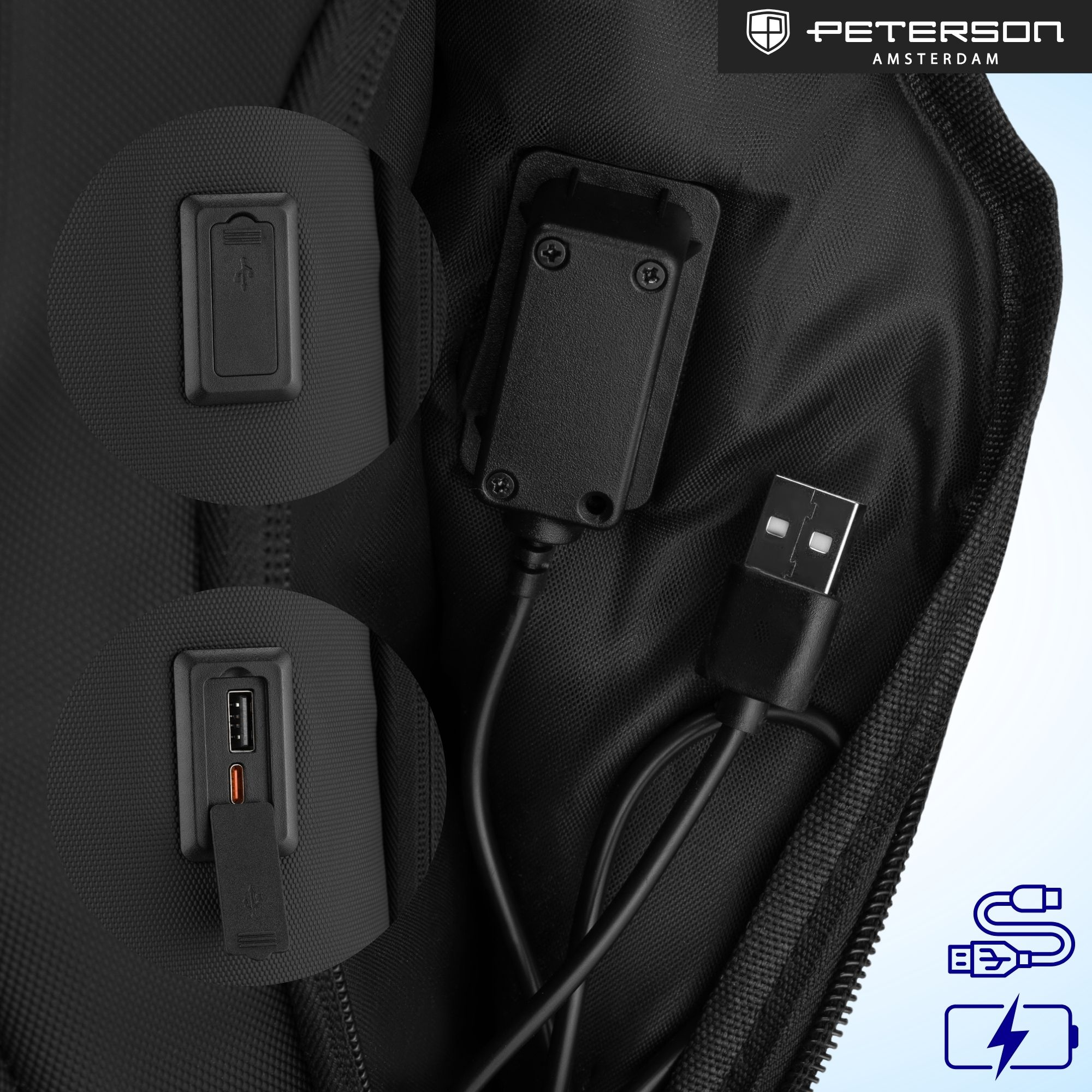 Czarny plecak z portami USB i kablami.