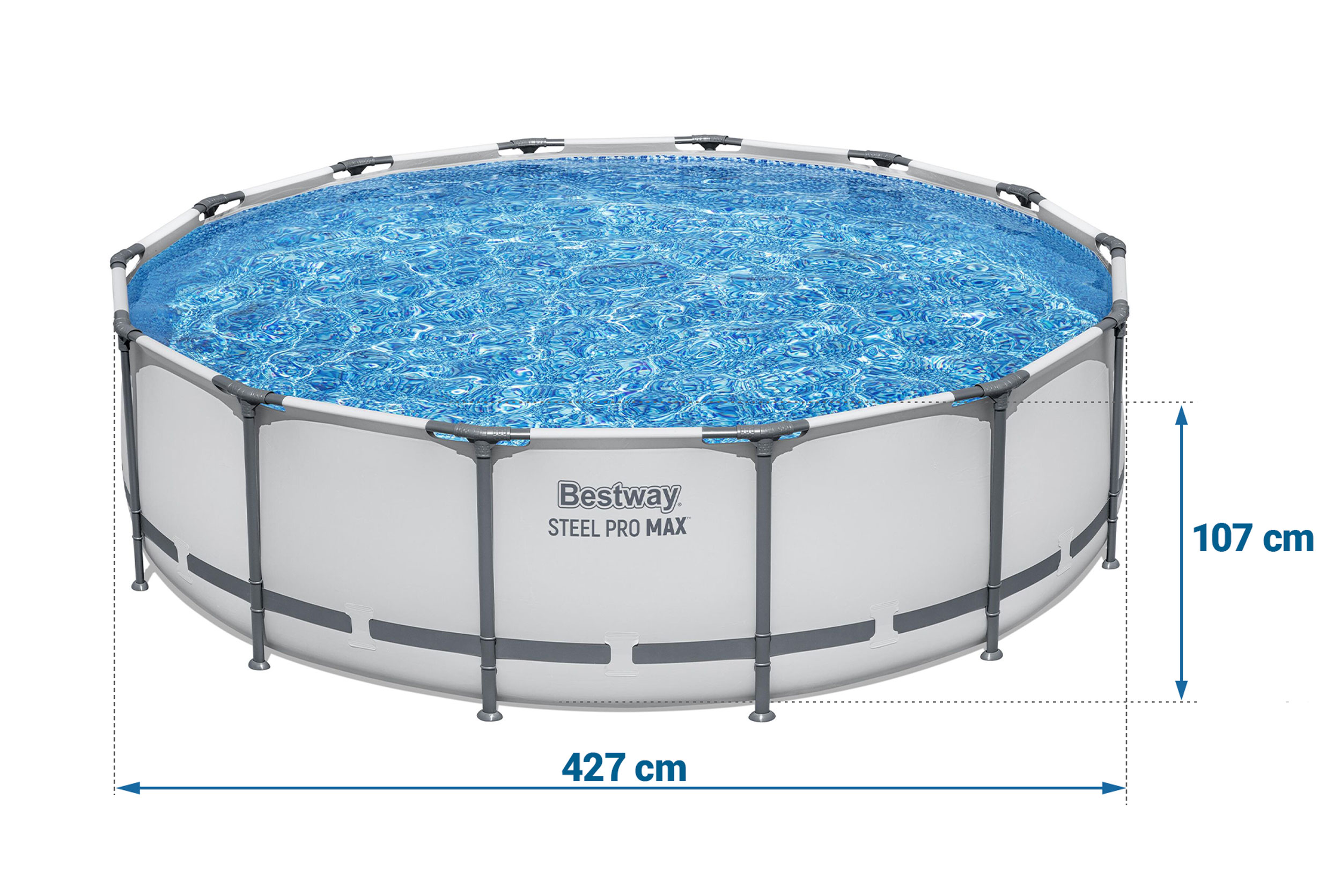 Okrągły basen Bestway Steel Pro Max, szeroki na 427 cm i wysoki na 107 cm.