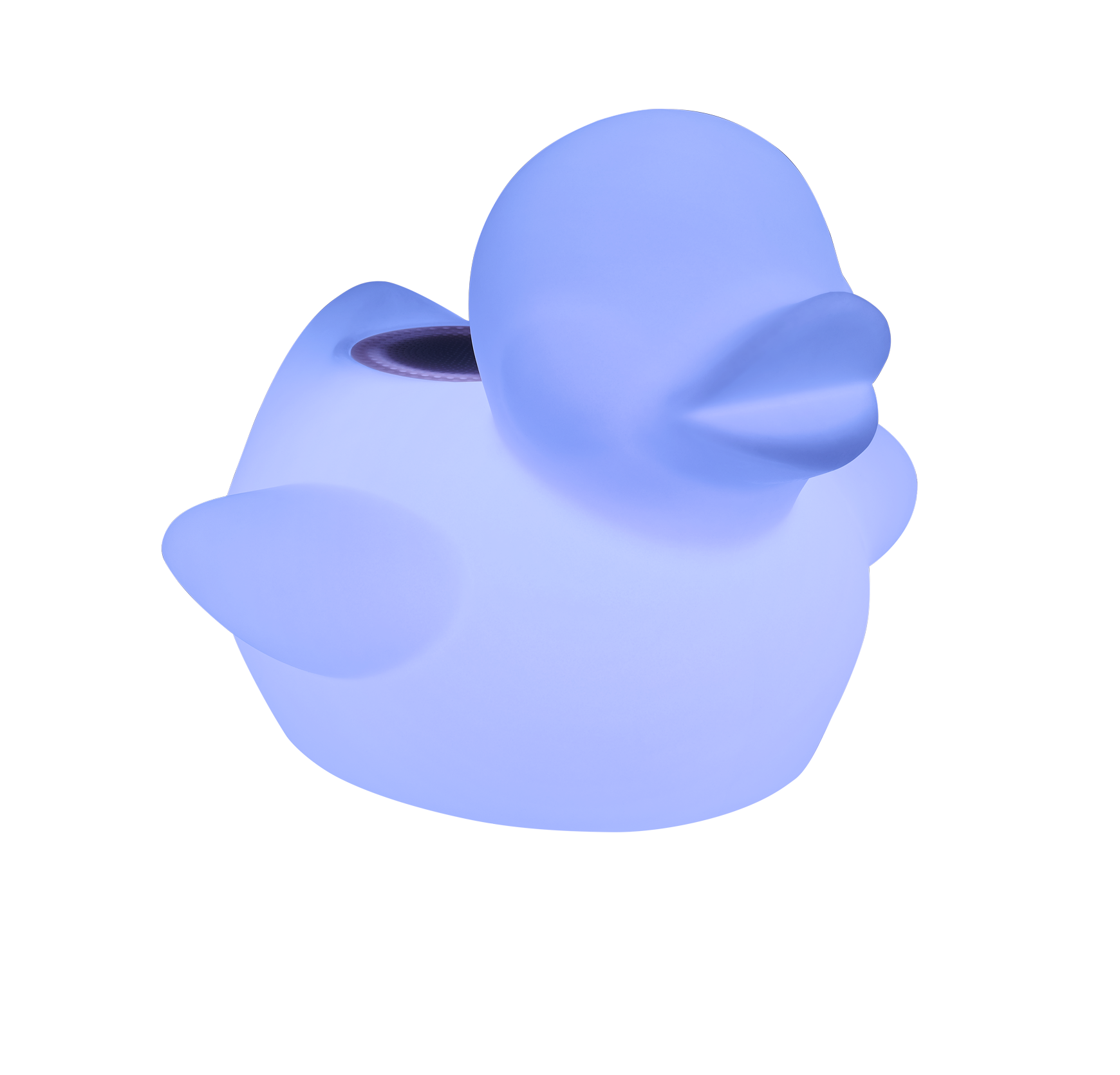 Una paperella di gomma blu luminosa con una griglia dell'altoparlante sulla schiena.