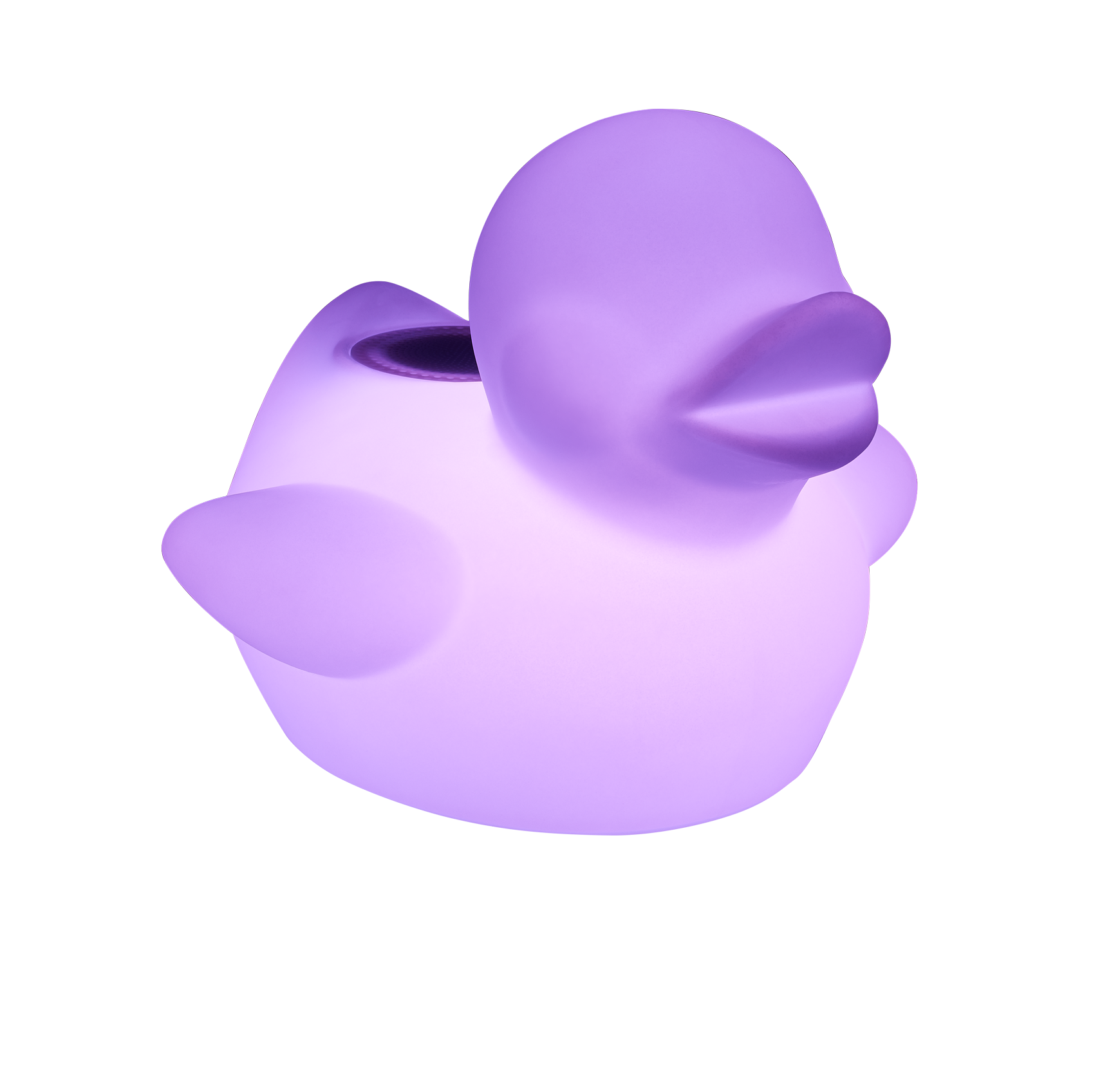 Una paperella di gomma luminosa color lavanda al buio.
