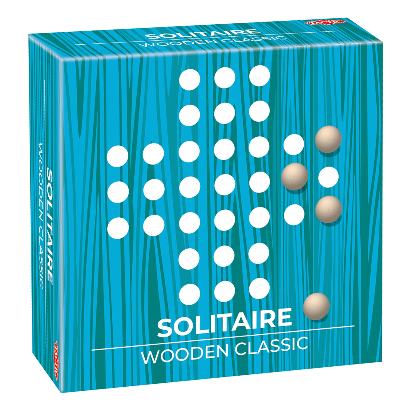 Una scatola del gioco Solitario Legno Classico con design a venature di legno blu e pioli bianchi.