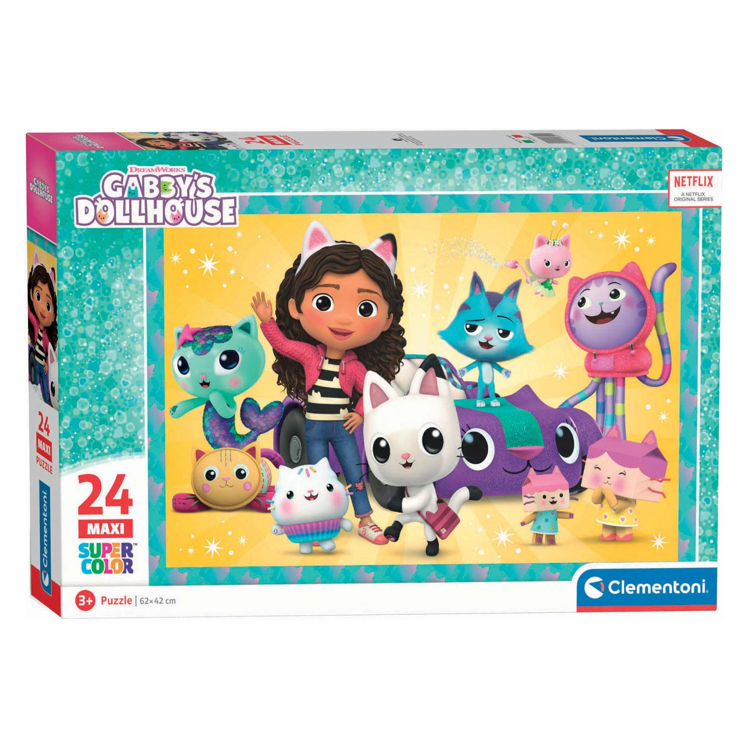 Gabby e i suoi amici gatti su una scatola puzzle colorata con sfondo scintillante.
