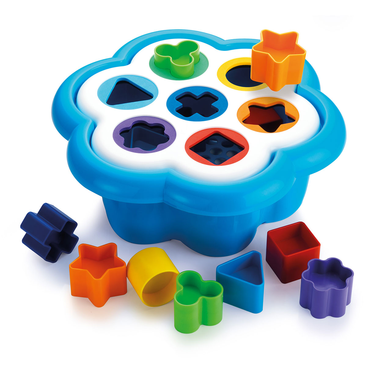 Gioco incastra forme blu con forme geometriche colorate sparse.