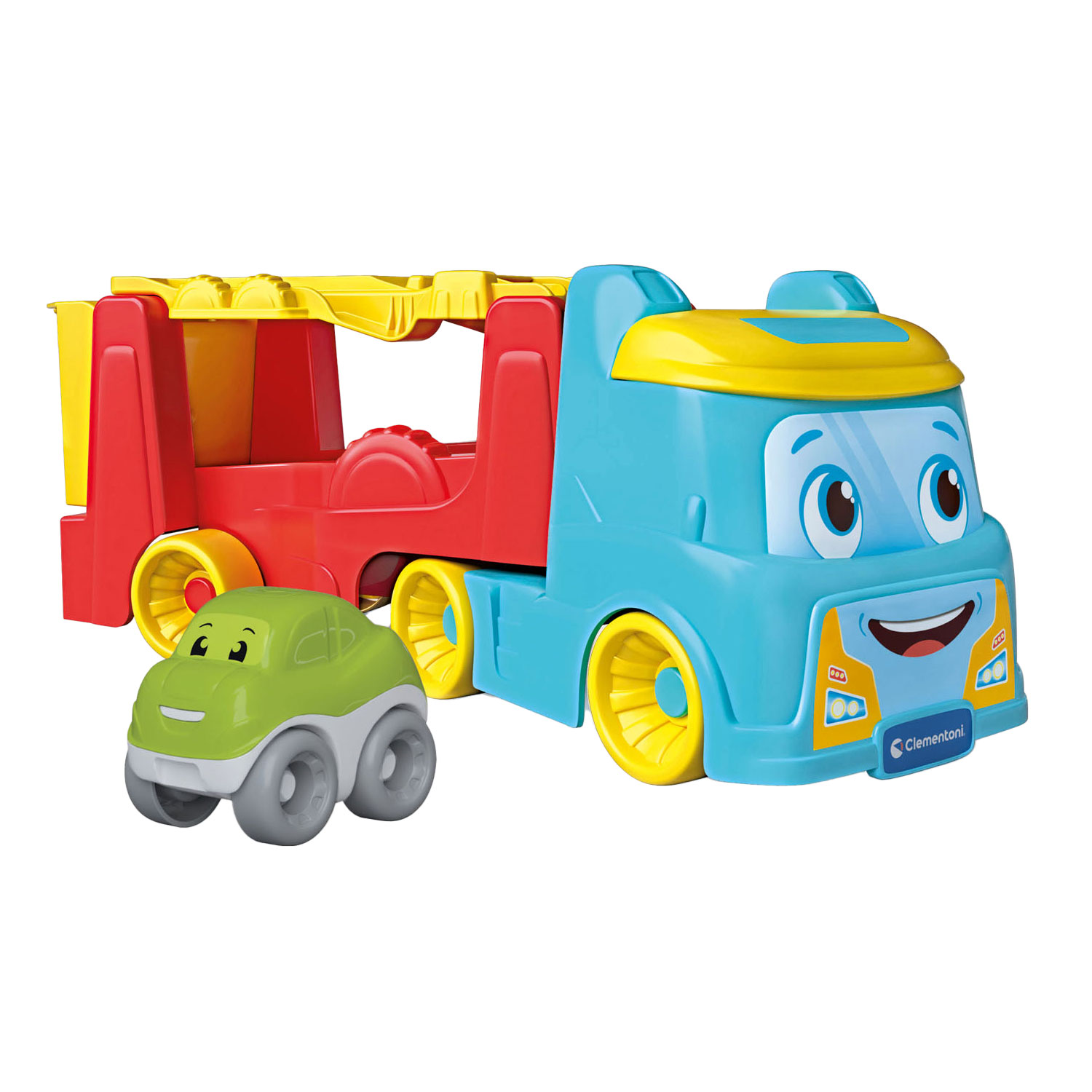 Camioncino giocattolo blu con rimorchio rosso e una piccola auto verde.