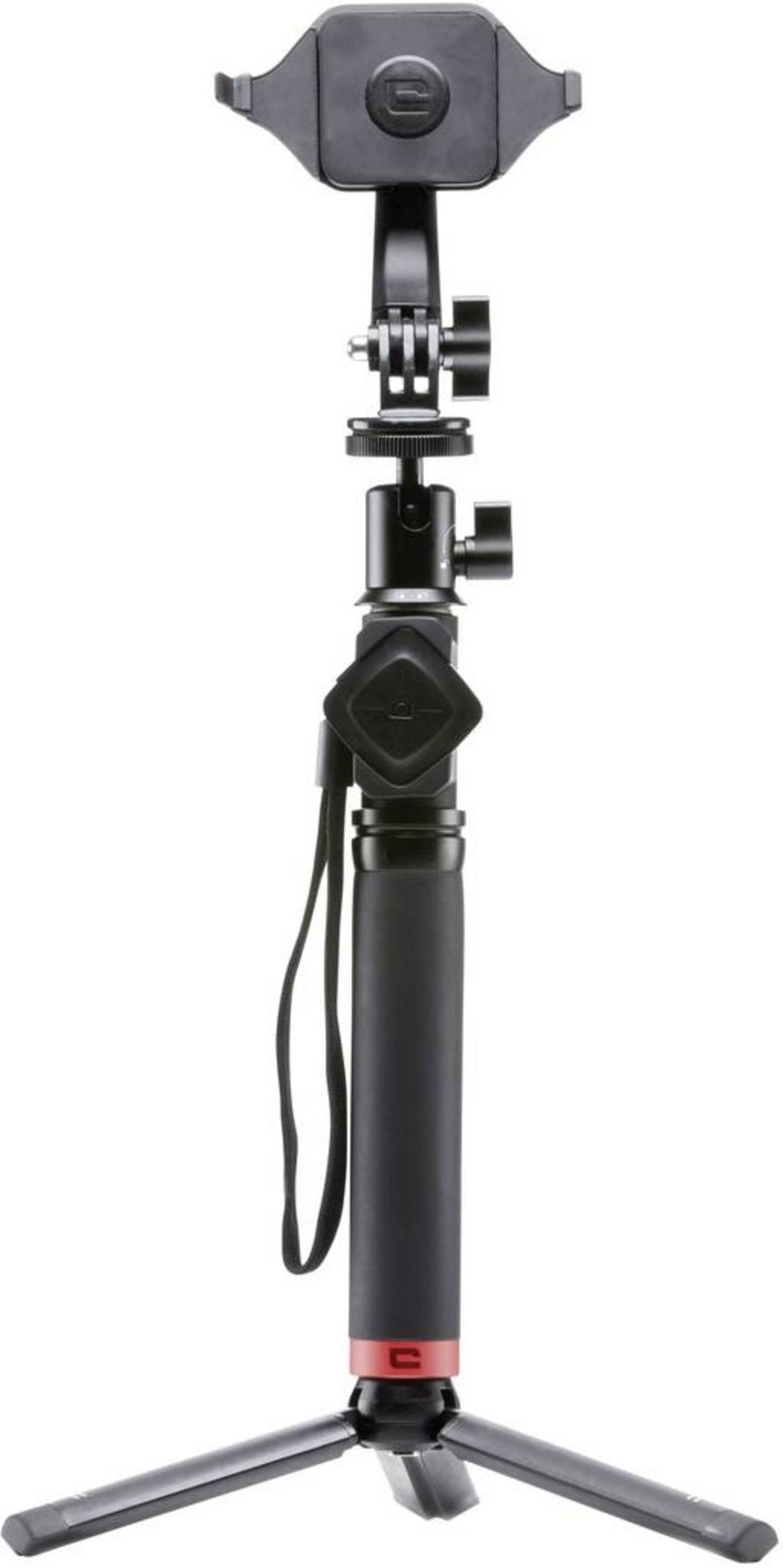 Un treppiede per fotocamera nero con supporto per telefono e impugnatura integrata.