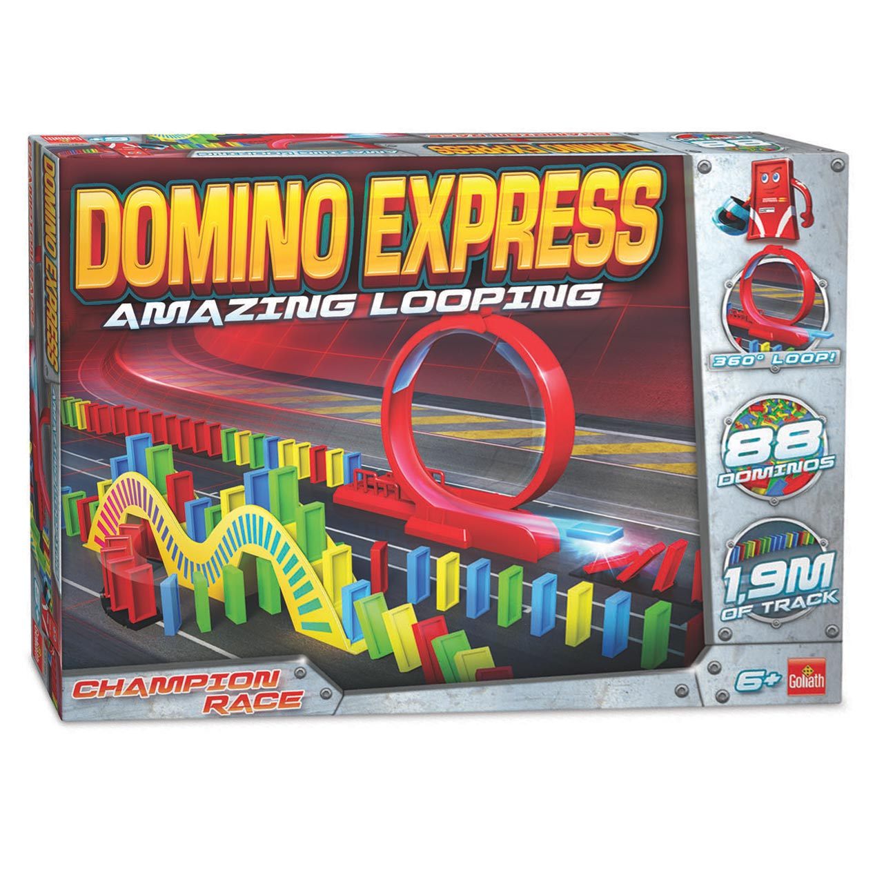 Scatola del gioco Domino Express con domino rossi, gialli e blu, con un anello a 360°.