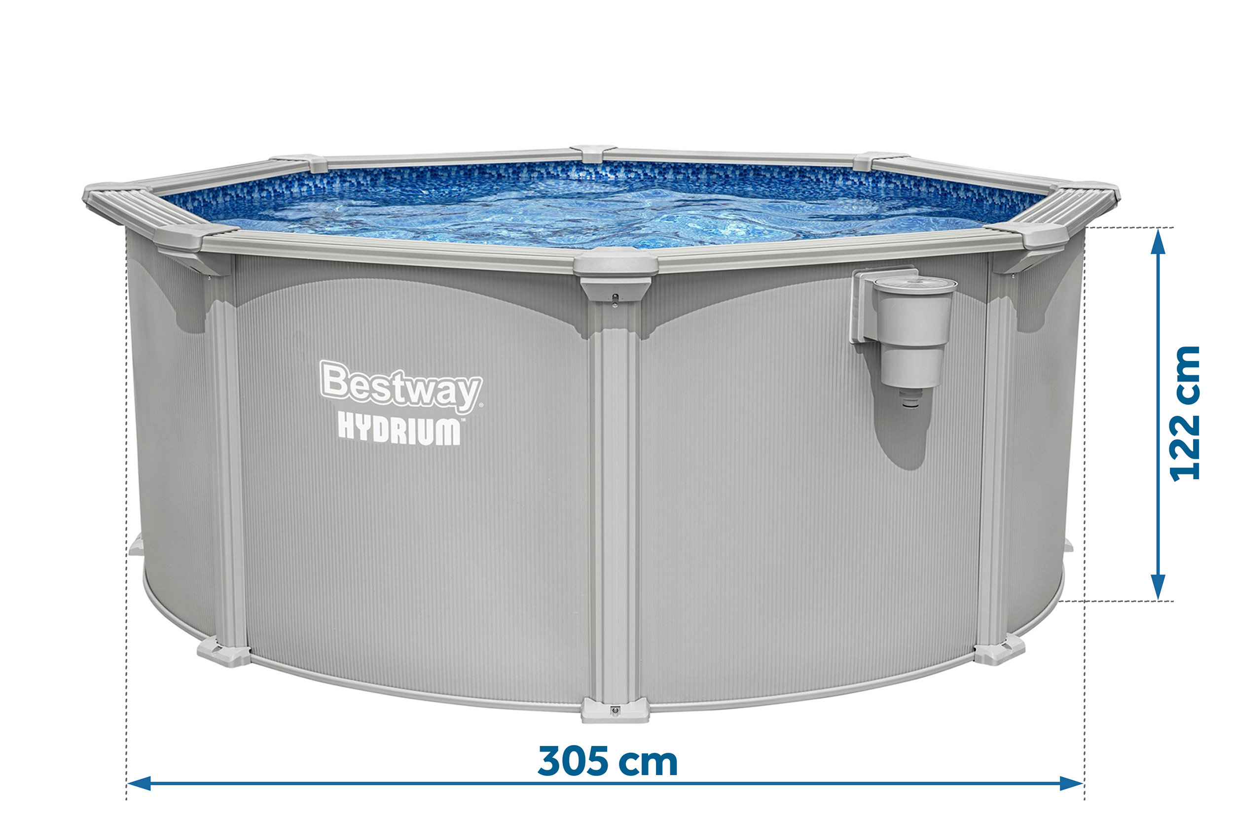 Sześciokątny basen Bestway Hydrium ze srebrnymi ścianami i niebieską wodą.