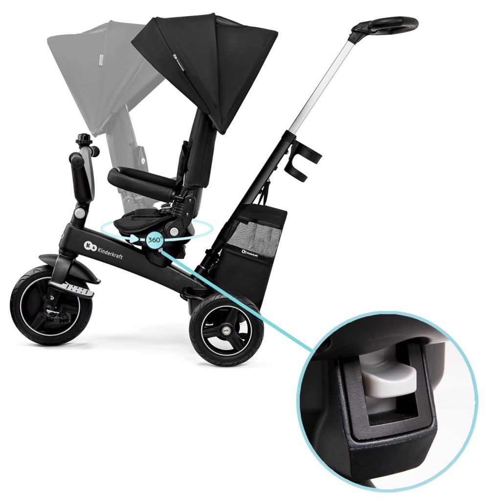 Schwarzes Kinderkraft 3-in-1-Dreirad mit verstellbarem Sitz und Verdeck. Nahaufnahme eines grauen Knopfes.