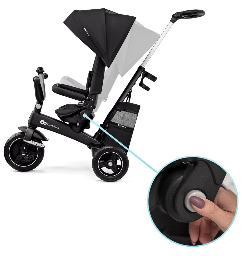 Schwarzer Kinderdreirad-Kinderwagen mit abnehmbarem Verdeck und Detailaufnahme des Rades.